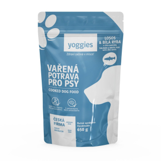 Yoggies Vařená potrava pro psy – losos a bílá ryba s chia semínky 650g